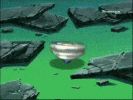 a spinning top is on a green surface with a thunder logo in the corner