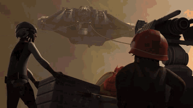a group of people are standing in front of a large space ship