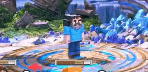a man in a minecraft video game is standing in a circle in front of a waterfall .