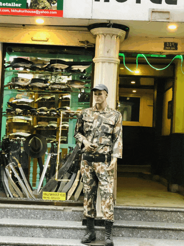a mannequin in military uniform stands in front of a store
