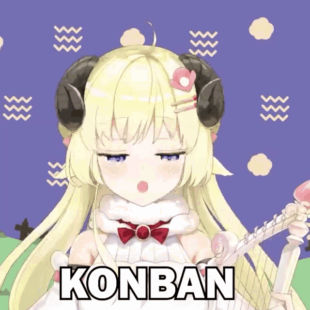 a cartoon girl with horns is holding a harp and the word konban is above her
