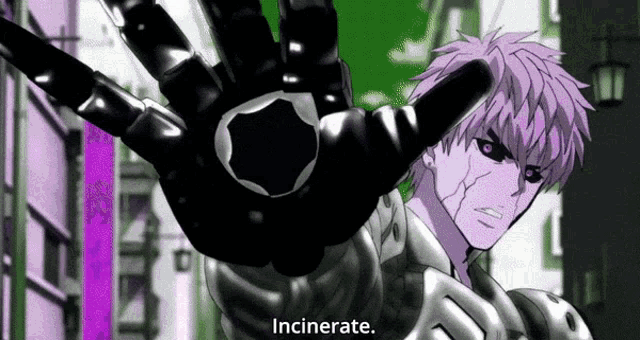 a man with purple hair and a black glove is standing in front of a green background and says `` incinerate '' .