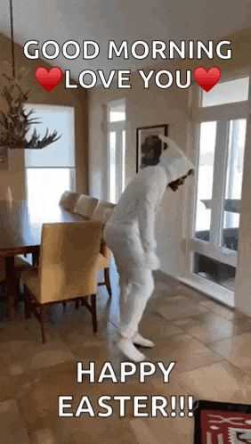 a person in a bunny costume is dancing in a living room and says good morning love you and happy easter .