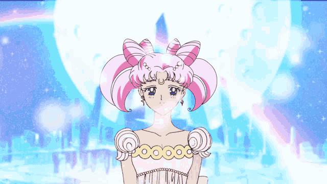 a cartoon girl with pink hair and a white dress