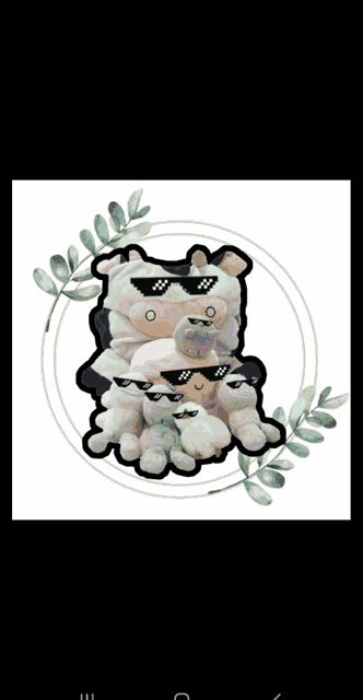 a group of stuffed animals wearing sunglasses are sitting on top of each other on a white background