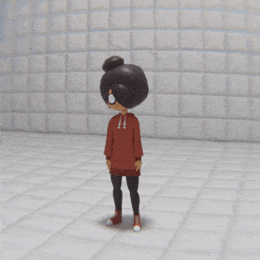 a cartoon character in a red hoodie and black pants is standing on one leg