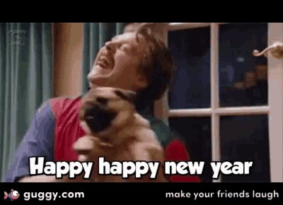 a man is holding a pug dog and laughing with the words happy happy new year .