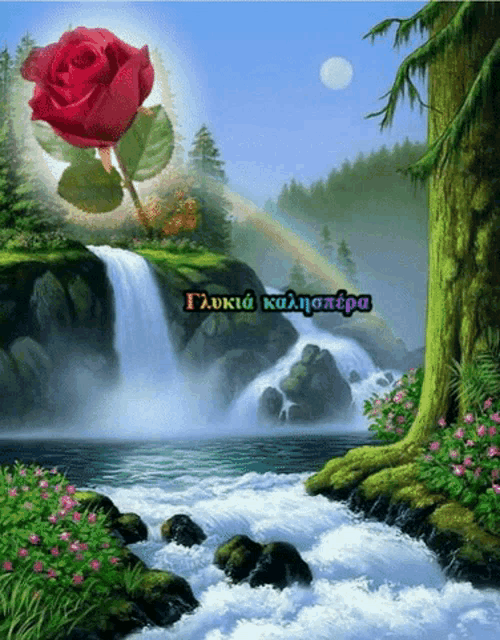 a painting of a waterfall with a red rose and a rainbow