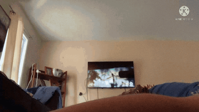 a person is laying on a couch in front of a television that says king video on the bottom