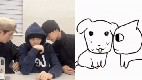 a black and white drawing of a dog and a man in a hoodie