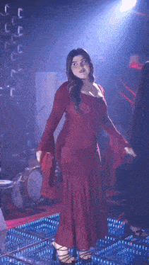a woman in a red dress is dancing on a stage in a club .