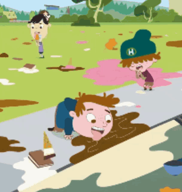 a boy wearing a blue hat with the letter h on it is crawling on the sidewalk