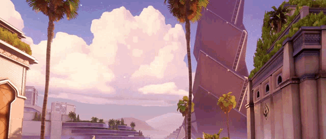 a painting of a city with palm trees and a purple sky