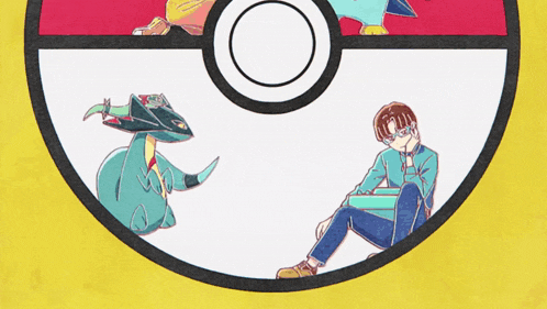 a drawing of a man sitting in a circle with a pokemon and a pokeball