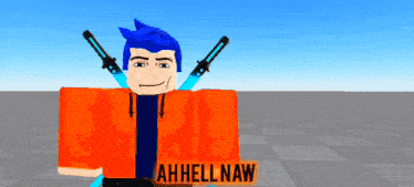 a boy with blue hair is wearing an orange shirt with ahhellnaw written on it