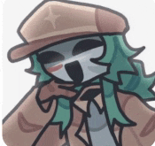 a cartoon character with green hair and a hat is wearing a brown coat .