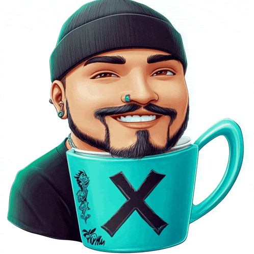 a man with a beard is drinking from a blue cup with a black x on it