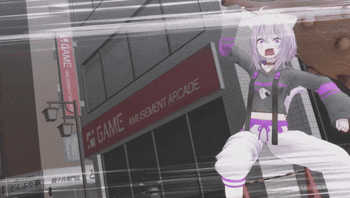 a girl is standing in front of a sign that says game amusement arcade