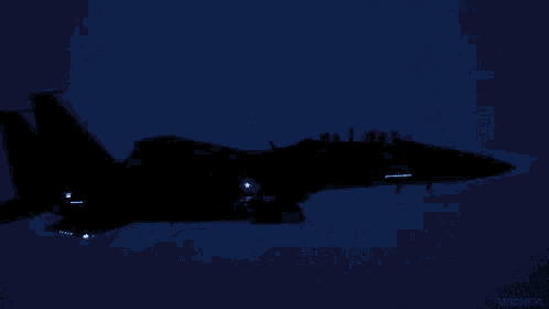 a fighter jet is flying through a dark blue sky with mrcheyl written on the bottom right