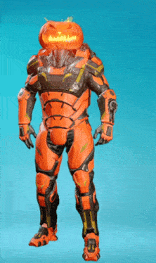 a futuristic soldier with a pumpkin head