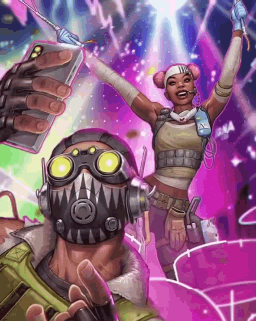 a man in a gas mask is taking a picture of a woman with a phone