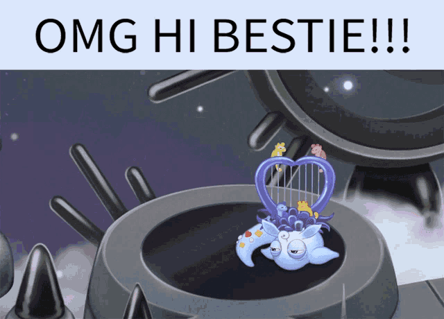 an omg hi bestie poster with a purple monster