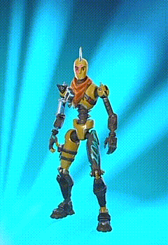 a robot is standing in front of a blue curtain with its arms outstretched .