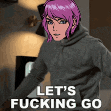 a woman with purple hair is standing in front of a sign that says " let 's fucking go "