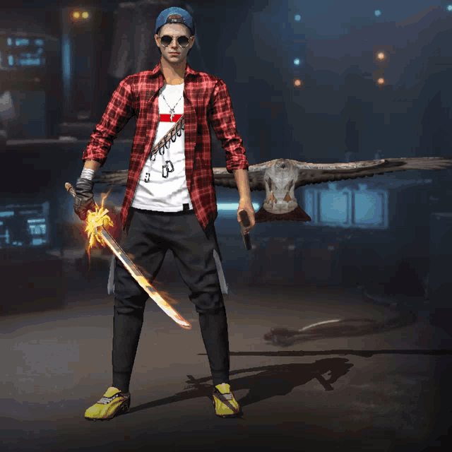a man in a plaid shirt holds a sword in front of a bird