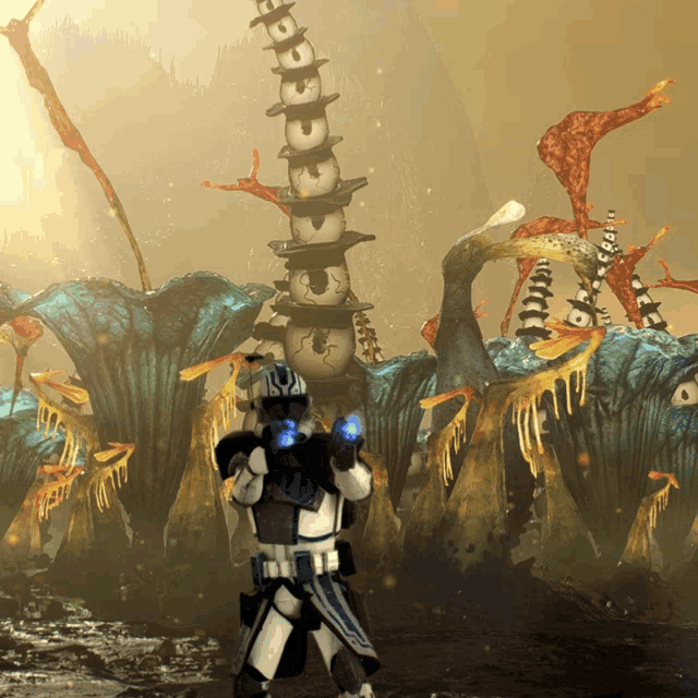 a soldier in a video game stands in front of a tower that says ' eeee ' on it