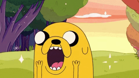 a cartoon character named jake is standing in a field with his mouth open