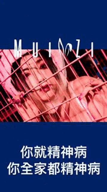 a woman is in a cage with chinese writing on the bottom .