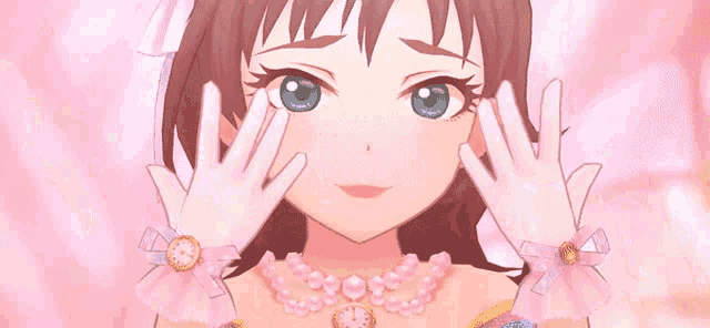 a close up of a girl 's face with a necklace and gloves