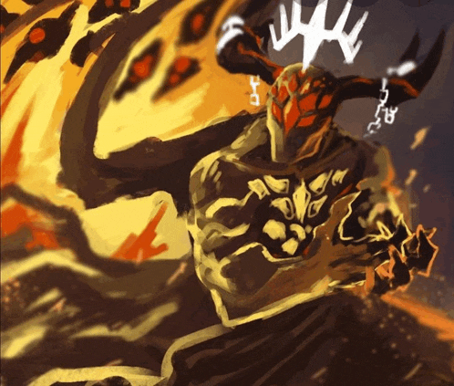 a painting of a demon with horns and chains around his arms