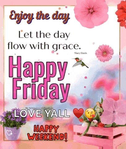 a happy friday greeting card with pink flowers and a hummingbird