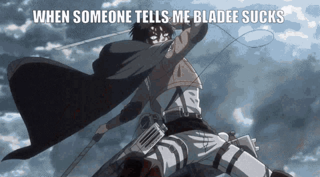 a man in a cape is holding a sword with the caption when someone tells me bladee sucks