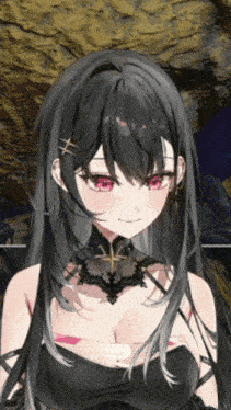 a girl with long black hair and red eyes is wearing a black top