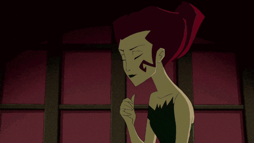 a cartoon character with red hair and green eyes stands in front of a window