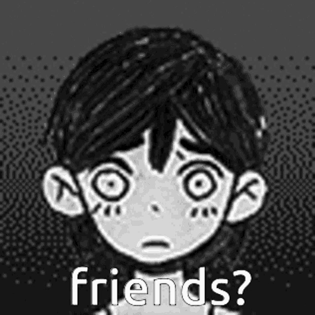 a black and white drawing of a boy with a sad face and the words `` friends '' .