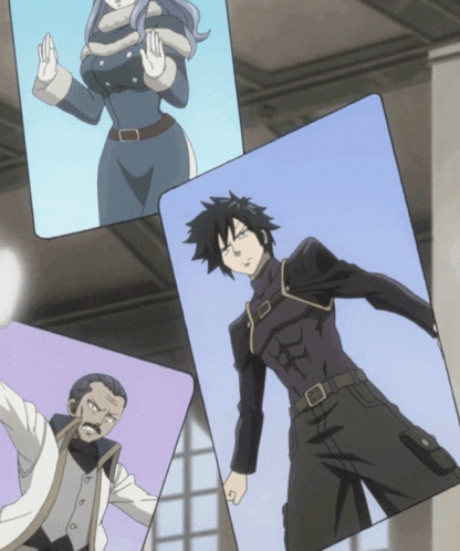 a group of anime characters including a man and a woman are displayed on a wall