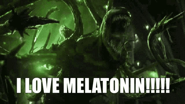 a green monster with the words " i love melatonin " on it