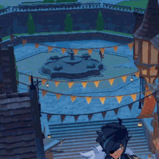 a video game scene with a fountain in the middle