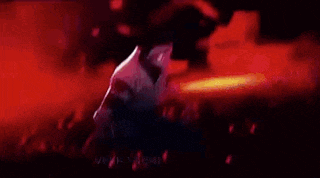 a close up of a person standing in front of a red background in a video game .