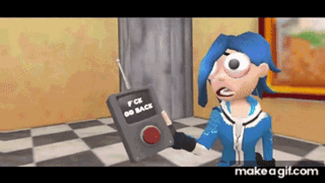 a cartoon character is holding a remote control that says fck go back .