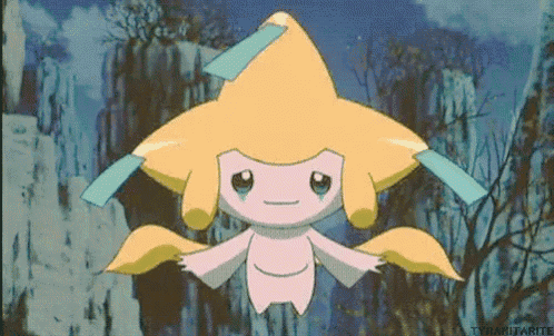 a pink and yellow cartoon character with a star on its head is flying in the air .