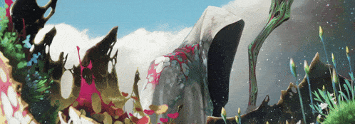 a painting of a person with a hood surrounded by colorful plants