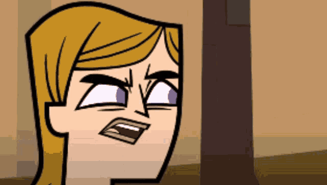 a cartoon character with blonde hair and purple eyes making a funny face