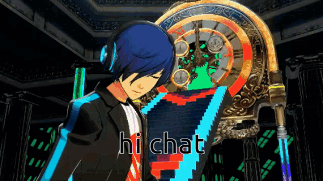 a man with headphones stands in front of a clock that says hi chat