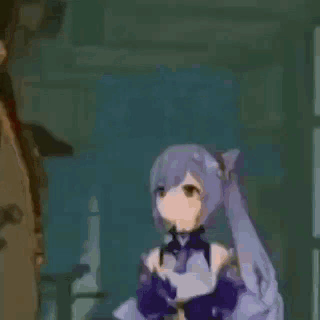 a cartoon girl with purple hair is standing next to a man in a room .