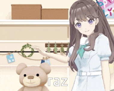 a girl is standing next to a teddy bear and the word raz is on the bottom right